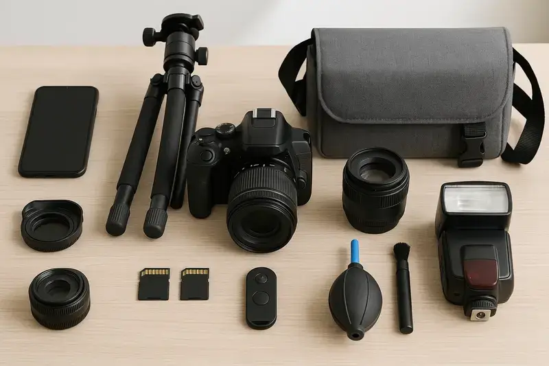 Beginner photography gear including smartphone, DSLR camera, tripod, lens, flash, SD cards, remote shutter, cleaning kit, and camera bag.