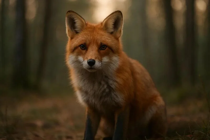 Red fox photographed from a low angle in a forest at dawn, showing immersive natural perspective