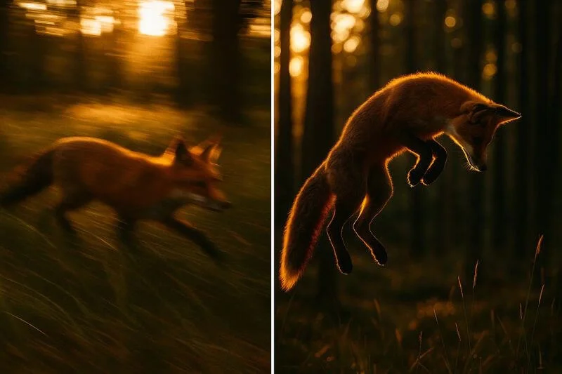 Red fox captured with motion blur and sharp action shots during golden hour, creative wildlife photography