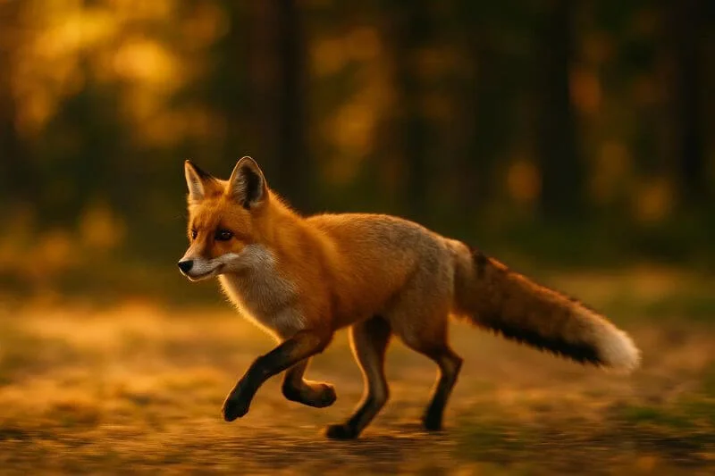 Wild fox running through forest captured in motion, using continuous autofocus for sharp focus
