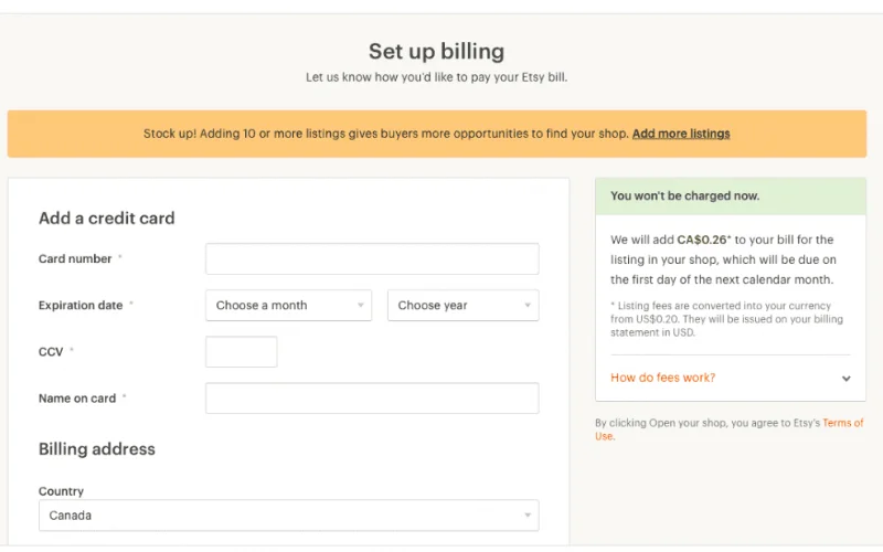 Configure Billing Information, Etsy Shop
