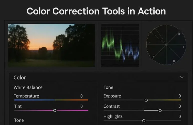 Step-by-step color correction process diagram with key editing stages