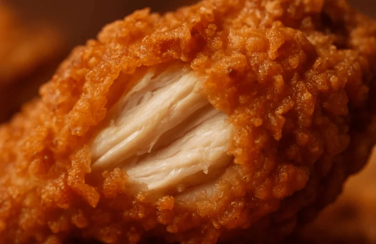 Macro shot showing crispy texture of fried chicken