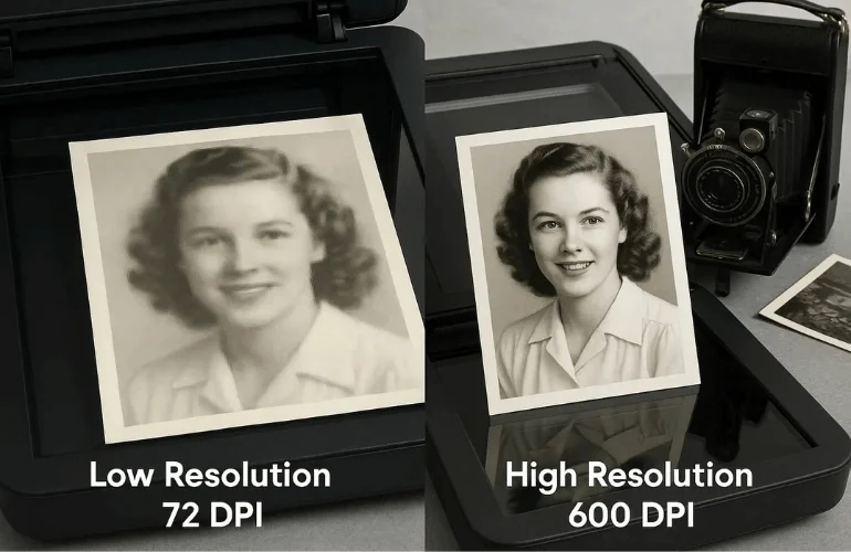 Blurry low-res scan compared to sharp high-res scan