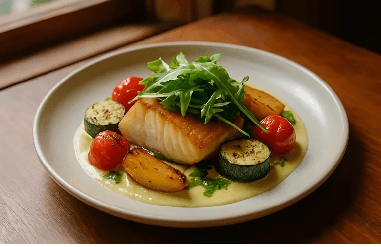 Soft natural light illuminating a plated dish near a window