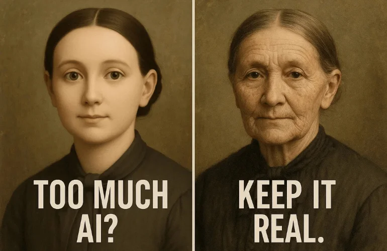 Portrait with overly smooth AI filter vs. natural restoration