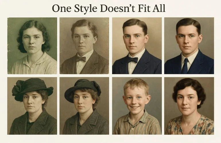 Multiple photos edited with identical filters vs. custom edits, photo restoration mistakes