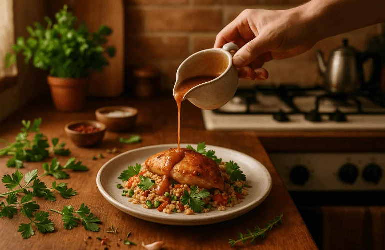A hand pouring sauce on food with scattered ingredients