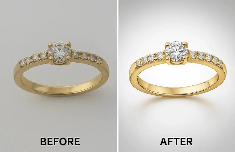 Before-and-after high-resolution jewelry image showing multiple exposure editing, sharp details, and flawless highlights.