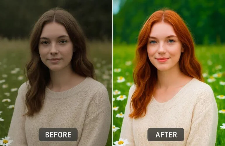 Side-by-side image showing photo before and after hue and saturation adjustment.