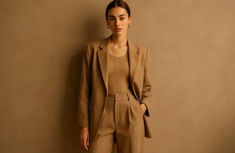 Model in beige outfit blending with warm earth-toned wall for harmonious composition