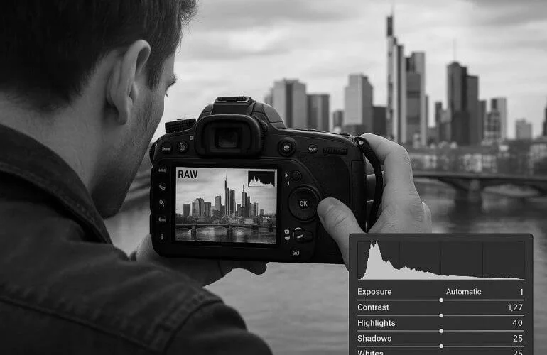 Photographer capturing black and white photography in RAW format with DSLR