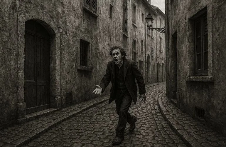 Street scene in black and white photography with textured buildings and expressive subject