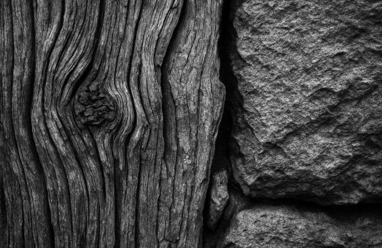 Black and white photography close-up showing wood and stone textures