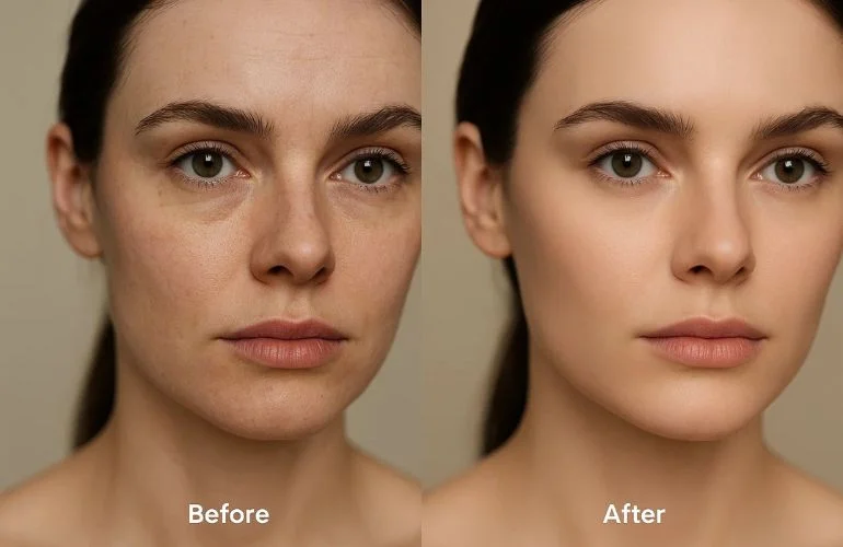 Close-up before and after portrait showing wrinkle and blemish removal while preserving natural skin texture