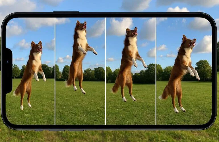 Sequence of action shots of a jumping dog captured using burst mode on smartphone camera