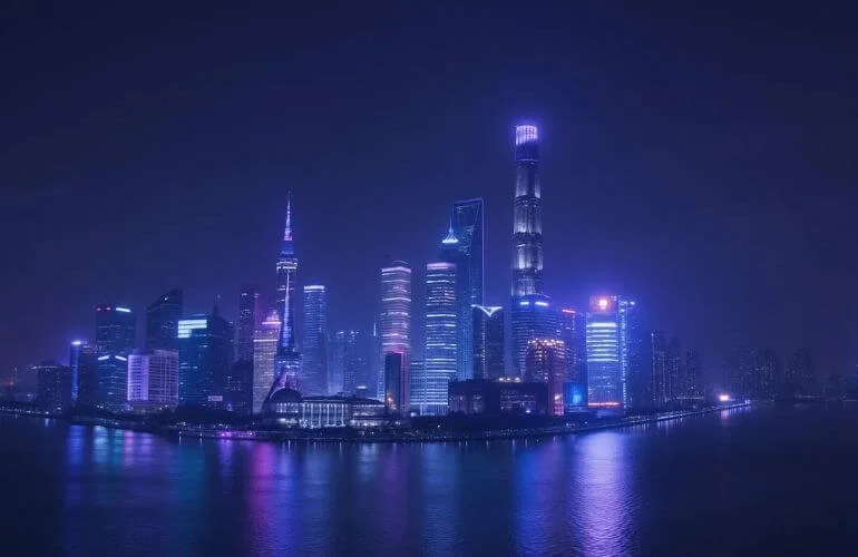 Panoramic view of a city skyline at night with blue and purple neon lights creating a calm and mysterious atmosphere.