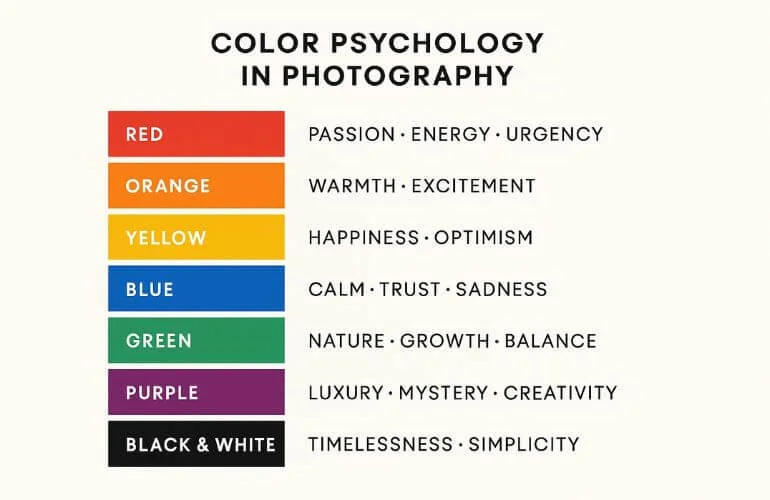 Infographic showing how different colors evoke emotions in photography: red for passion, orange for warmth, yellow for happiness, blue for calm, green for nature, purple for luxury, black & white for timelessness.