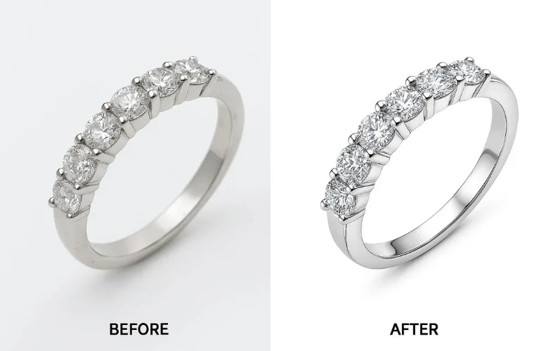 Before-and-after diamond ring photo showing enhanced highlights, shadows, and natural gemstone sparkle.