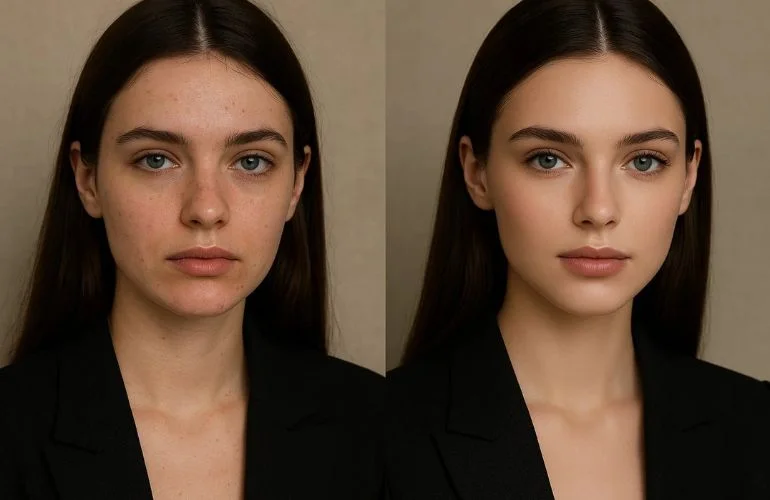 Before and after fashion portrait retouching showing blemish removal, enhanced eyes, and refined hair