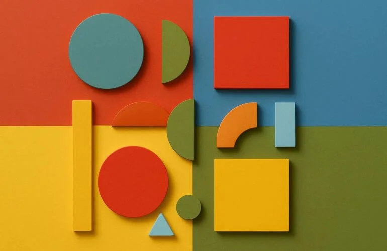 Creative flat lay with balanced primary and complementary color palette