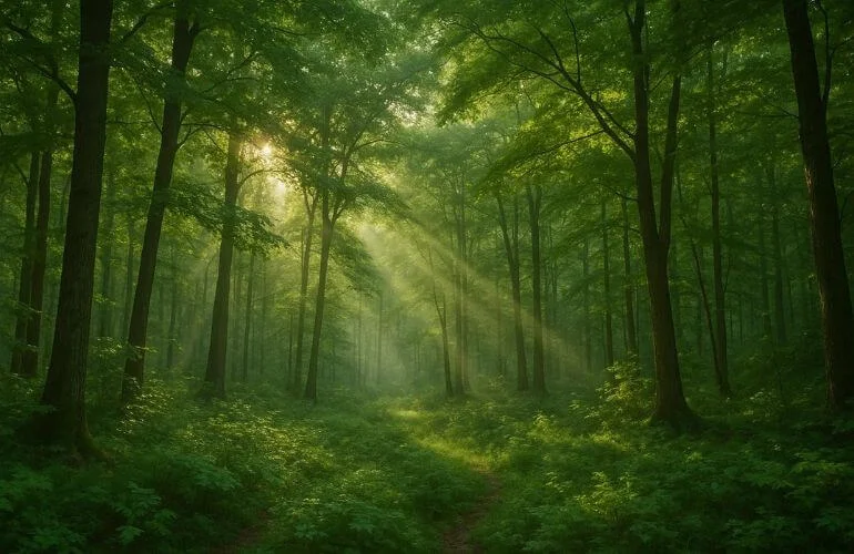 Forest landscape with shades of green creating tranquility.