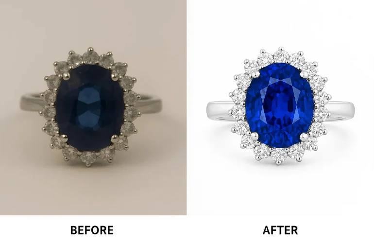 Before-and-after of a gemstone ring with corrected colors, white balance, and enhanced vibrancy.