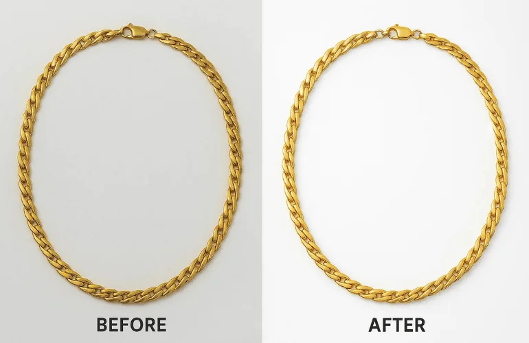 Before-and-after photo of a gold necklace showing background cleanup, corrected colors, and enhanced shine.