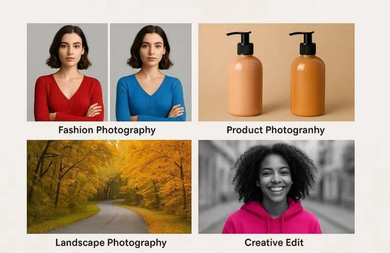 Grid showing use cases of Hue/Saturation in fashion, product, landscape, and creative photography