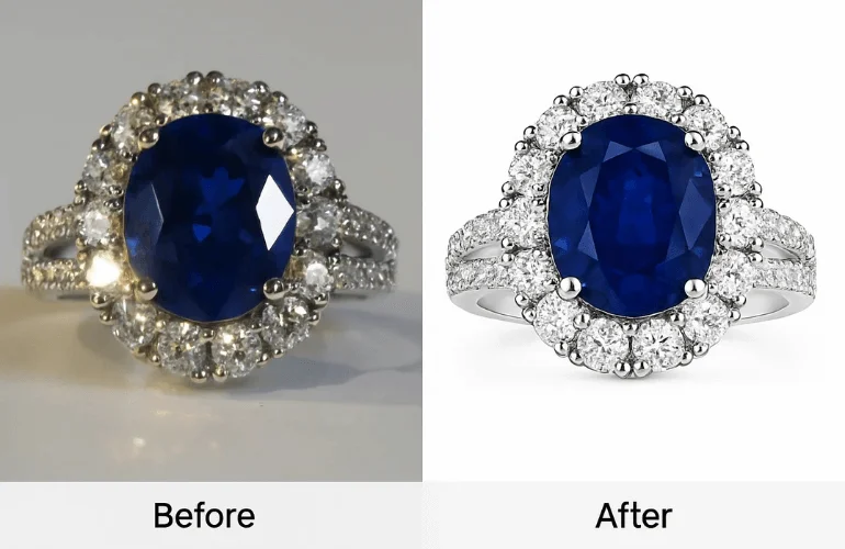 Before-and-after of jewelry piece showing reflection control and glare removal on metal and gemstones.
