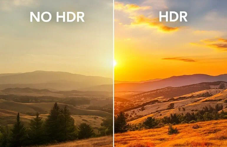 Split-screen landscape photo showing effects of HDR mode with richer colors and balanced details
