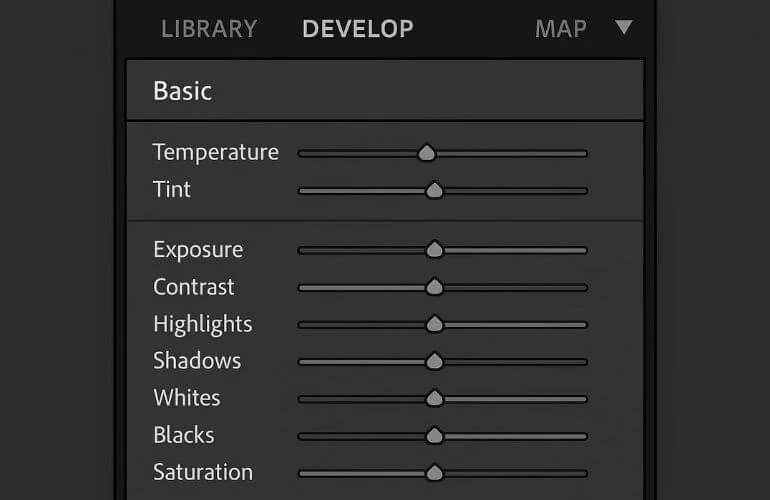 Adobe Lightroom Develop module showing the Basic Panel with color correction sliders.