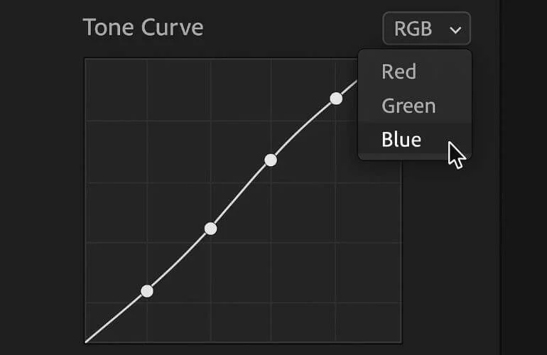 Tone Curve panel in Lightroom showing RGB curve and individual color channels.