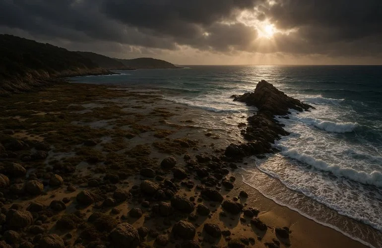 Dramatic Mediterranean seascape showing low tide with exposed rocks and seaweed, contrasting with high tide areas, captured from an elevated viewpoint.