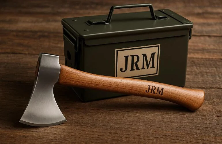 Monogrammed hatchet with matching ammo-style storage box, perfect groomsmen gift for outdoorsy and tactical enthusiasts