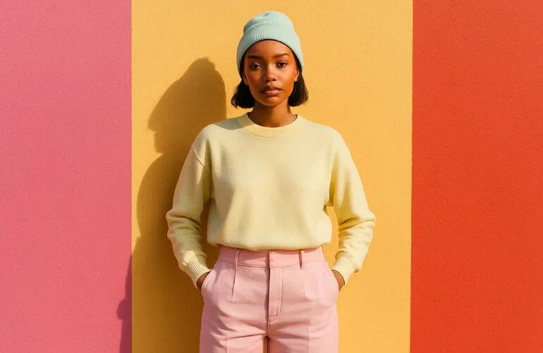 Model in pastel clothes against vivid pink or yellow wall for bold color backdrop