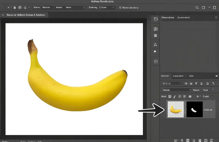 Photoshop interface showing banana isolated with transparent background and layer mask applied.