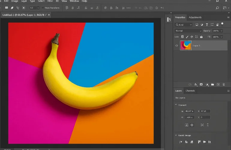 Photoshop interface with banana image opened, ready for hidden way to remove background tutorial.