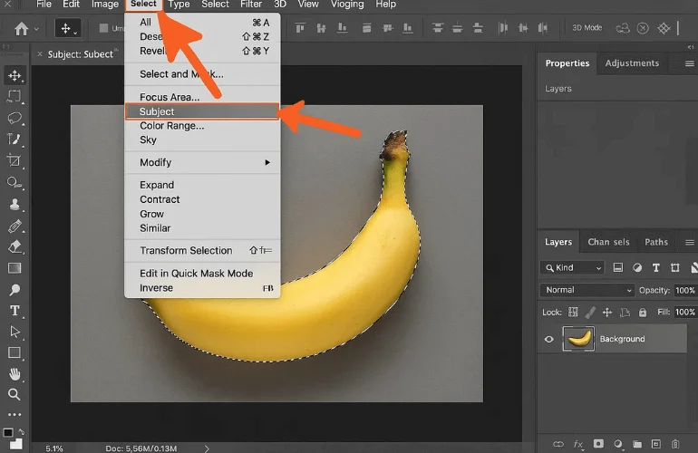 Photoshop Select Subject tool highlighting banana for hidden way to remove background.