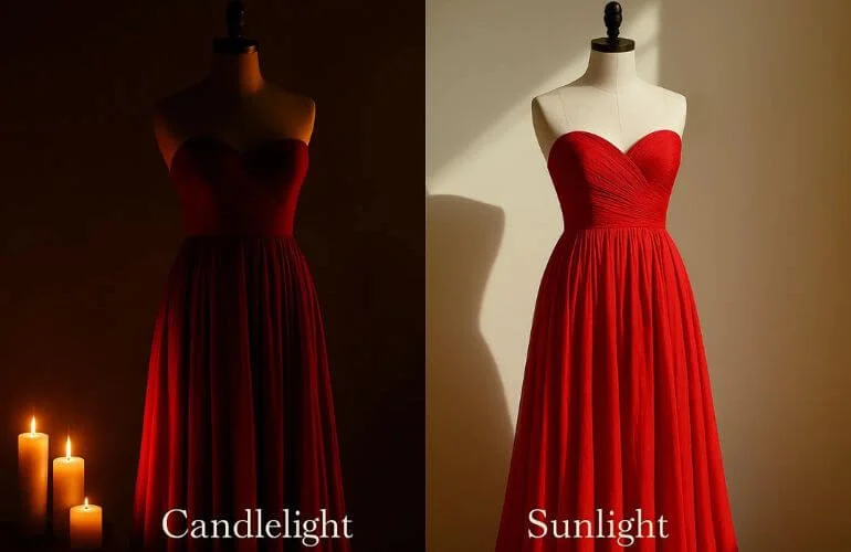Red dress under candlelight and sunlight demonstrating color perception changes.