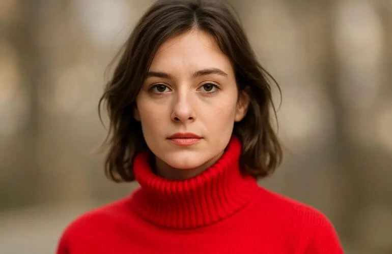 Portrait with red outfit and blurred neutral background to enhance color sharpness