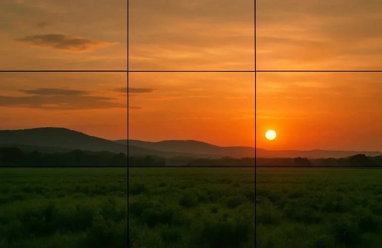 Landscape photo using color awareness with sun placed at a third intersection point