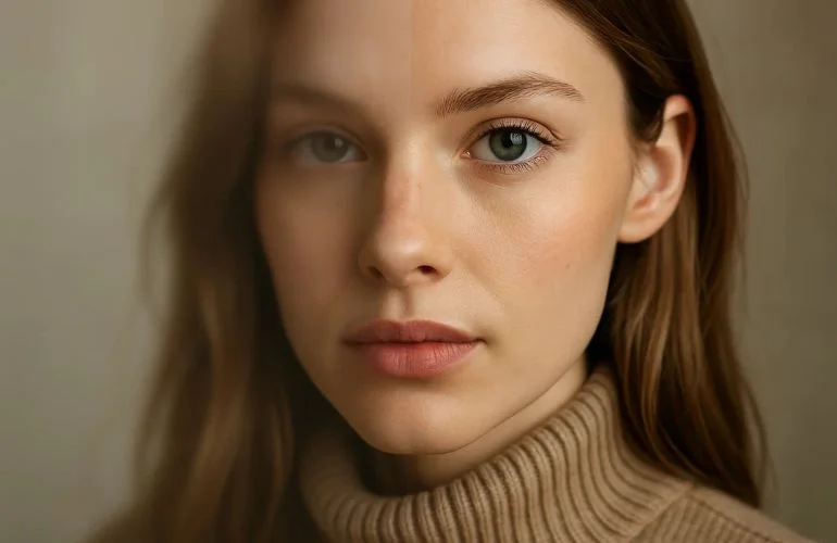 Before and after close-up portrait showing controlled sharpening of eyes, hair, and clothing details