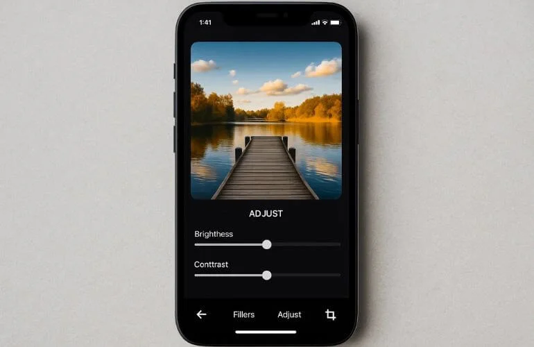 Smartphone screen showing photo editing app interface with brightness and contrast adjustment sliders
