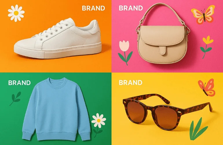 Fashion products with clean cutouts on creative backgrounds for social media and branding