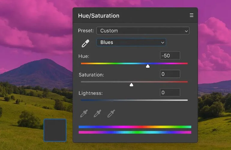 Photoshop infographic showing targeted color adjustment with Blues selected and sky edited