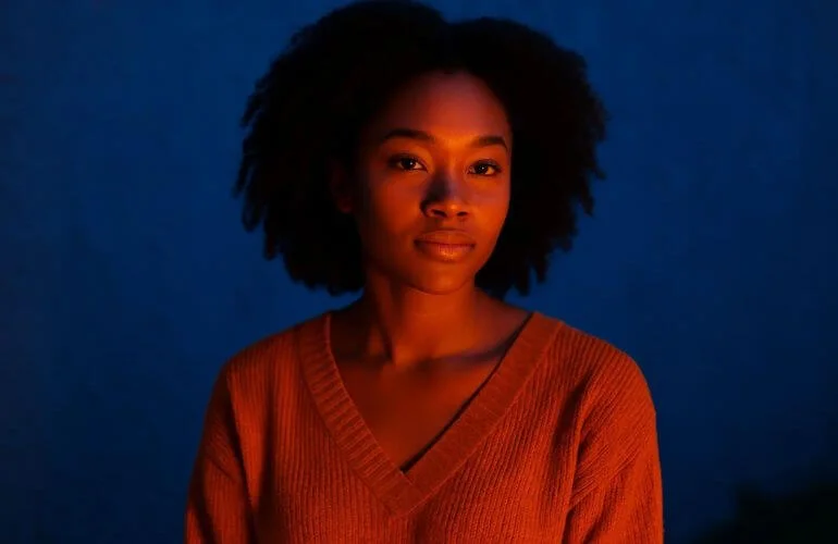 Portrait featuring warm-toned subject against cool-toned blue background