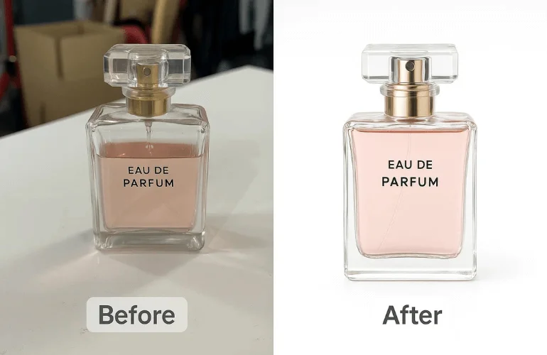 Before-and-after product images showing messy background replaced with a clean white background