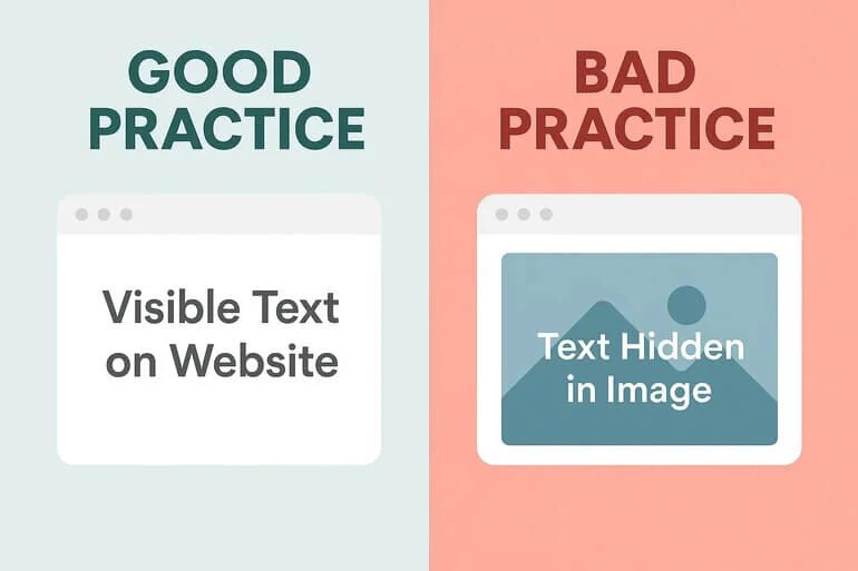 Visible web text versus hidden text in an image marked good and bad practice.