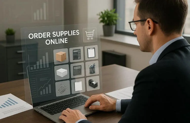 Professional ordering business supplies online on a laptop, eCommerce trends 2025